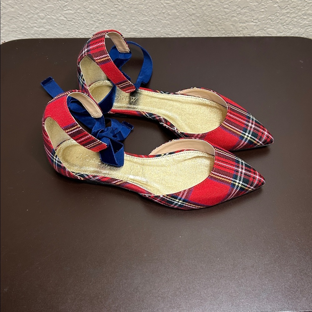 J. Crew Red Plaid Women's Shoes with Blue Ribbon SIZE 5